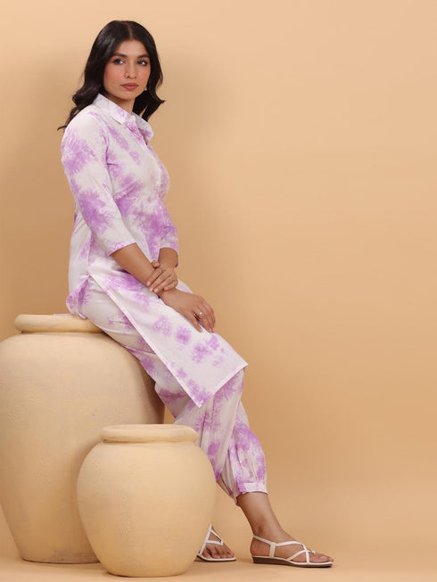 White Pure Cotton Tie & Dye Straight Kurta Set